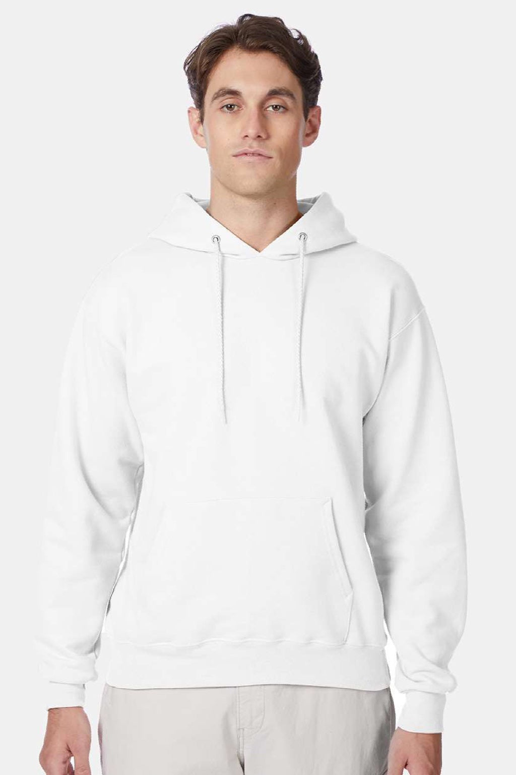 Hanes F170 Mens Ultimate Cotton PrintPro XP Pill Resistant Hooded Sweatshirt Hoodie w/ Pouch Pocket White Model Front