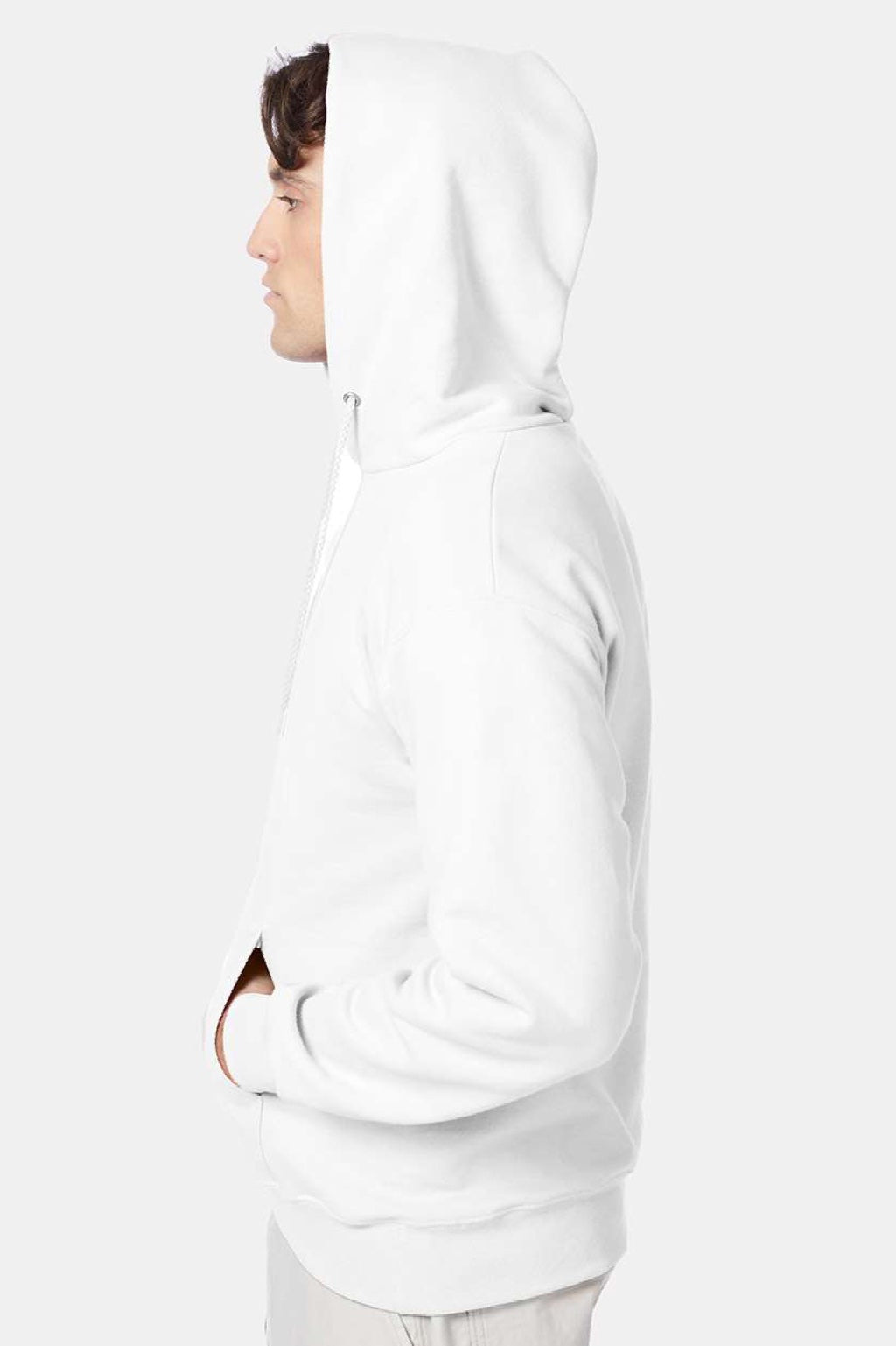 Hanes F170 Mens Ultimate Cotton PrintPro XP Pill Resistant Hooded Sweatshirt Hoodie w/ Pouch Pocket White Model Side