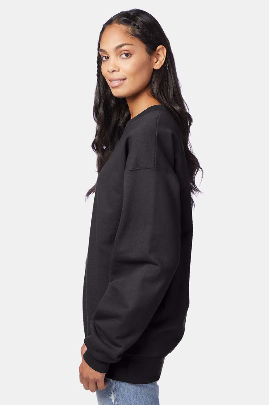 Hanes F260 Mens Ultimate Cotton PrintPro XP Pill Resistant Crewneck Sweatshirt Black Model Side