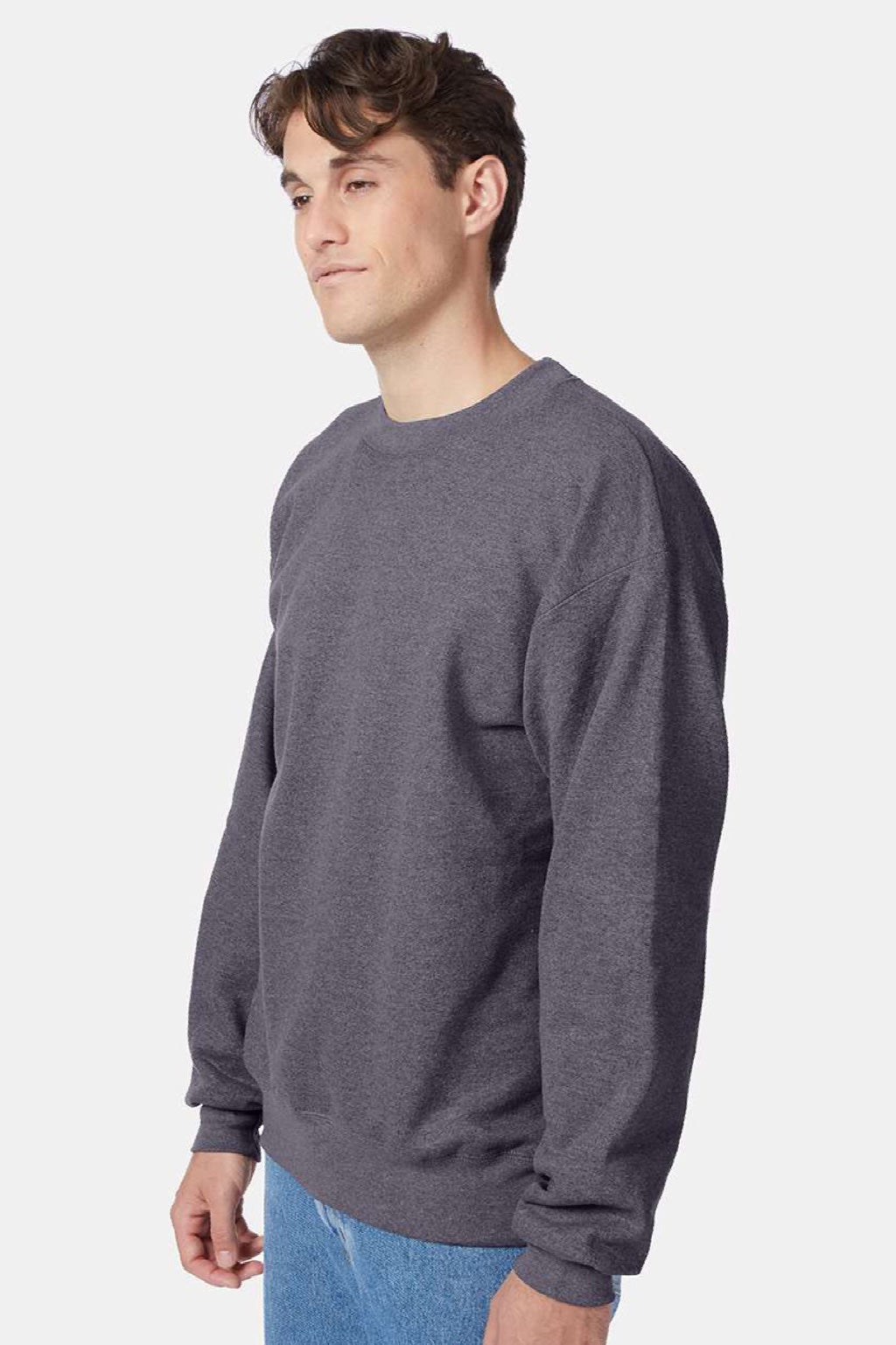 Hanes F260 Mens Ultimate Cotton PrintPro XP Pill Resistant Crewneck Sweatshirt Heather Charcoal Grey Model Side
