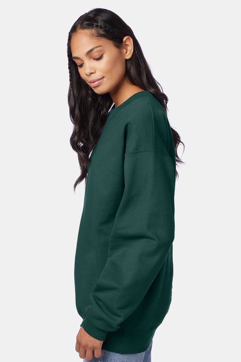 Hanes F260 Mens Ultimate Cotton PrintPro XP Pill Resistant Crewneck Sweatshirt Deep Forest Green Model Side