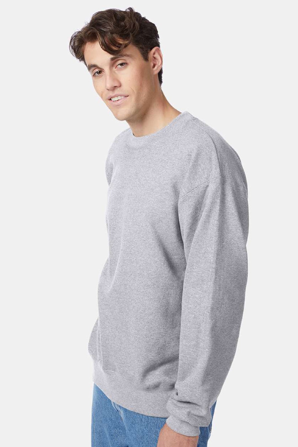 Hanes F260 Mens Ultimate Cotton PrintPro XP Pill Resistant Crewneck Sweatshirt Light Steel Grey Model Side