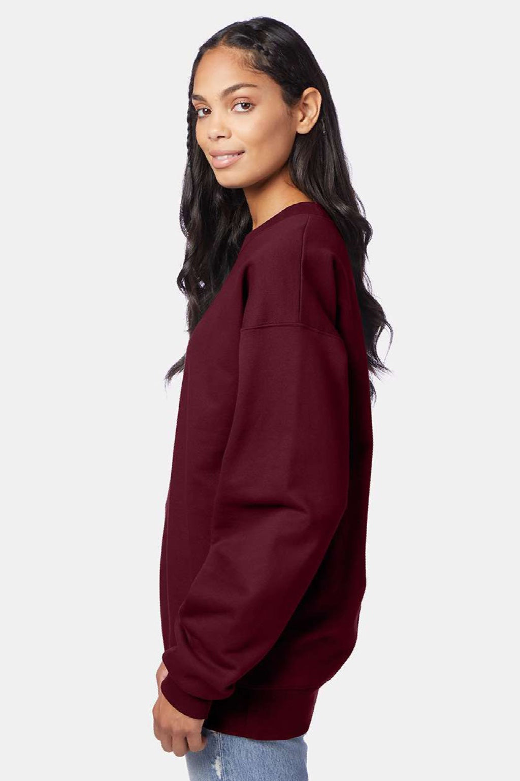 Hanes F260 Mens Ultimate Cotton PrintPro XP Pill Resistant Crewneck Sweatshirt Maroon Model Side