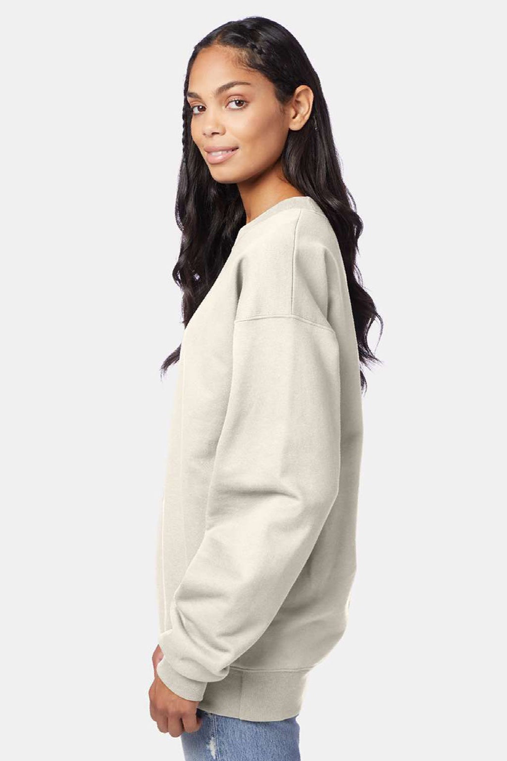 Hanes F260 Mens Ultimate Cotton PrintPro XP Pill Resistant Crewneck Sweatshirt Natural Model Side