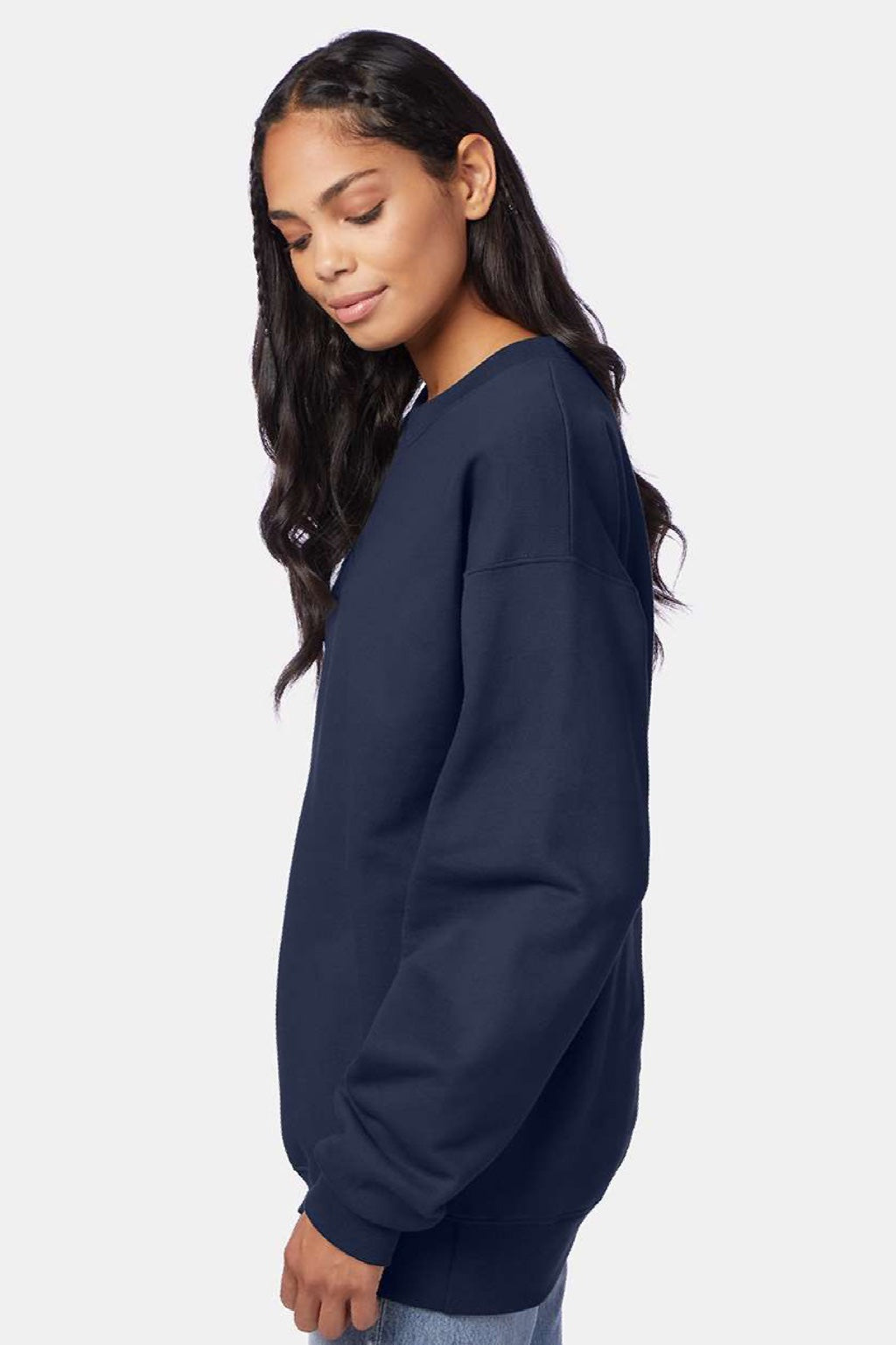 Hanes F260 Mens Ultimate Cotton PrintPro XP Pill Resistant Crewneck Sweatshirt Navy Blue Model Side