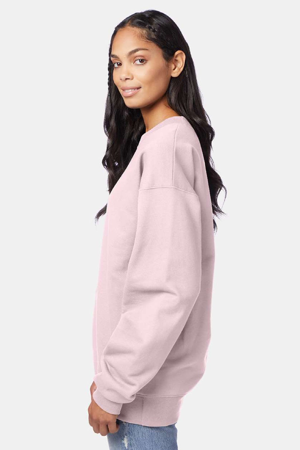 Hanes F260 Mens Ultimate Cotton PrintPro XP Pill Resistant Crewneck Sweatshirt Pale Pink Model Side