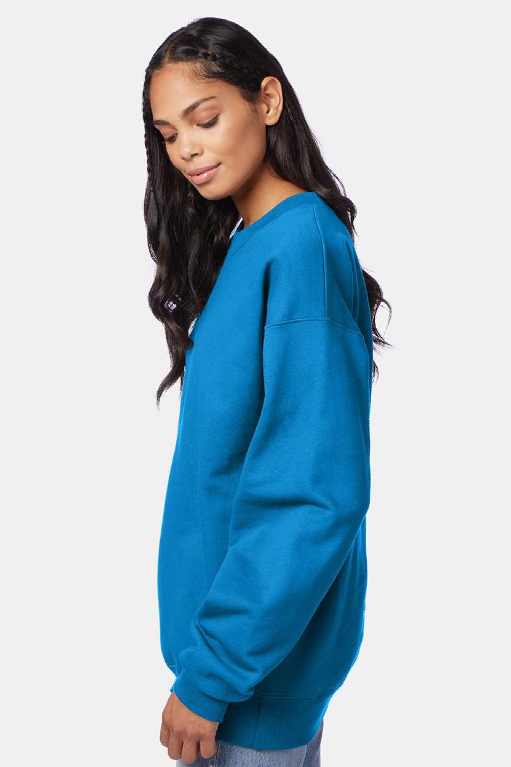 Hanes F260 Mens Ultimate Cotton PrintPro XP Pill Resistant Crewneck Sweatshirt Teal Blue Model Side