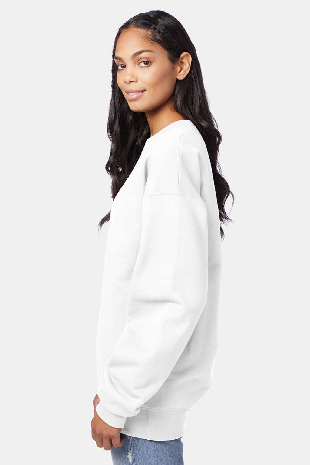 Hanes F260 Mens Ultimate Cotton PrintPro XP Pill Resistant Crewneck Sweatshirt White Model Side