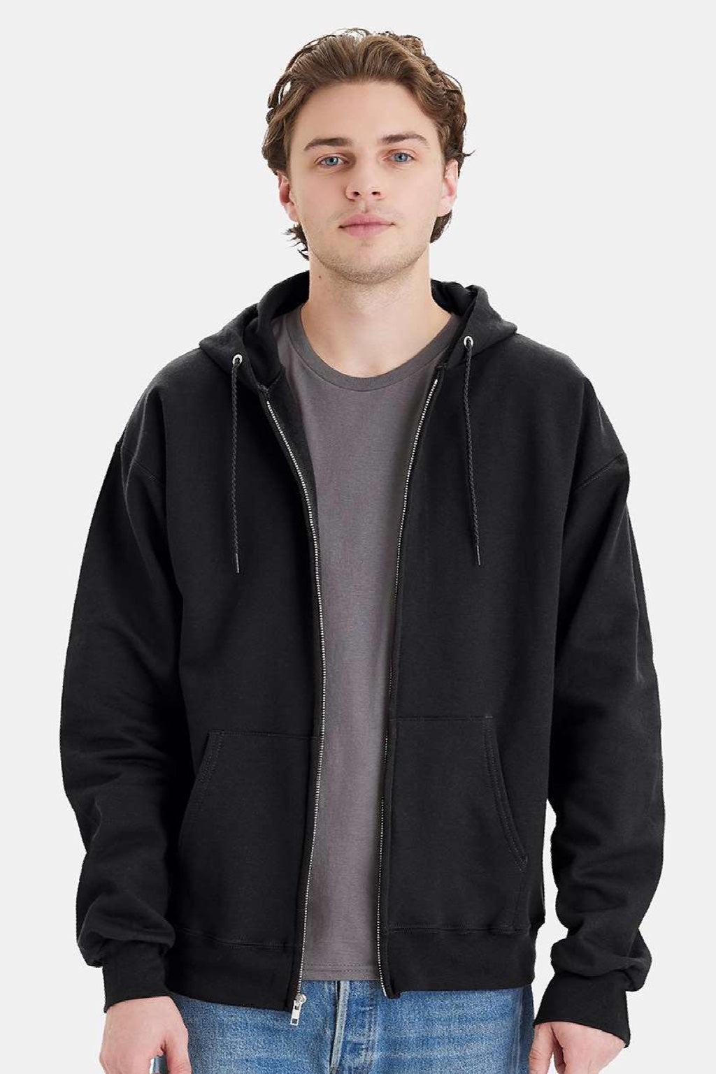 Hanes F280 Mens Ultimate Cotton PrintPro XP Pill Resistant Full Zip Hooded Sweatshirt Hoodie w/ Pockets Black Model Front