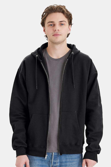 Hanes F280 Mens Ultimate Cotton PrintPro XP Pill Resistant Full Zip Hooded Sweatshirt Hoodie w/ Pockets Black Model Front