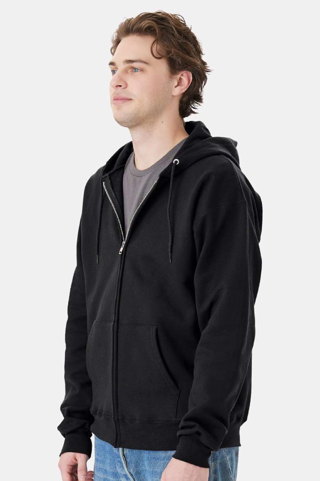 Hanes F280 Mens Ultimate Cotton PrintPro XP Pill Resistant Full Zip Hooded Sweatshirt Hoodie w/ Pockets Black Model Side