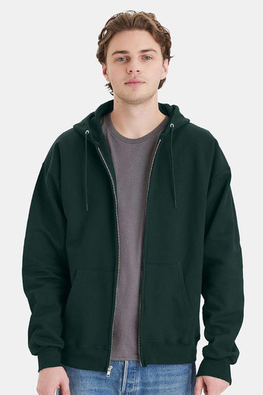 Hanes F280 Mens Ultimate Cotton PrintPro XP Pill Resistant Full Zip Hooded Sweatshirt Hoodie w/ Pockets Deep Forest Green Model Front