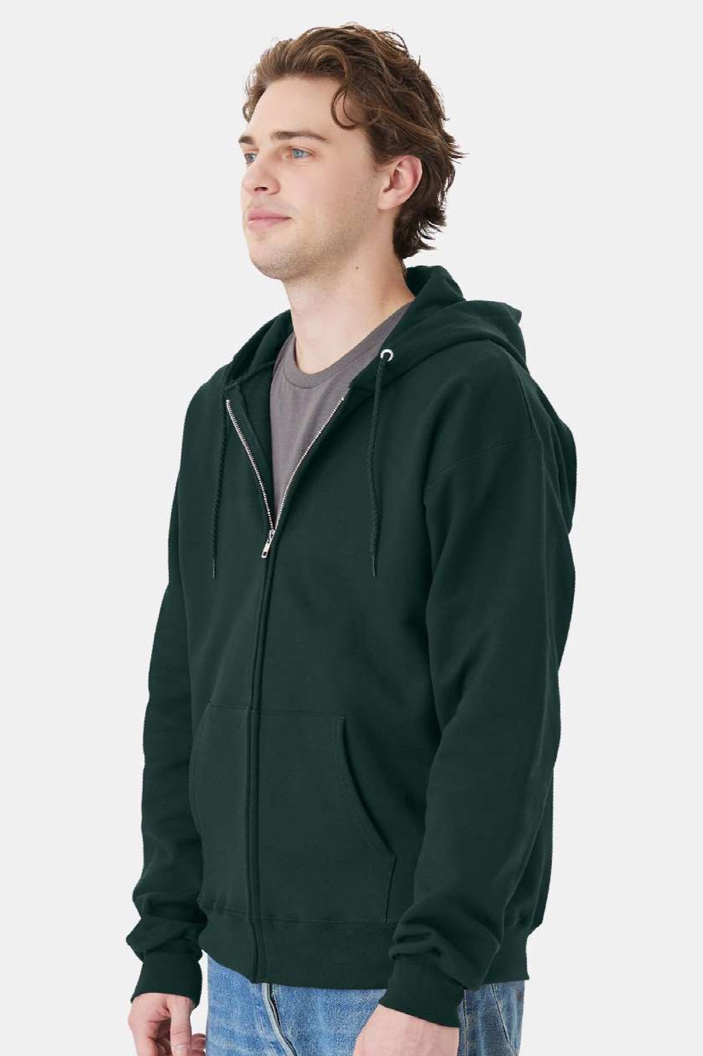 Hanes F280 Mens Ultimate Cotton PrintPro XP Pill Resistant Full Zip Hooded Sweatshirt Hoodie w/ Pockets Deep Forest Green Model Side