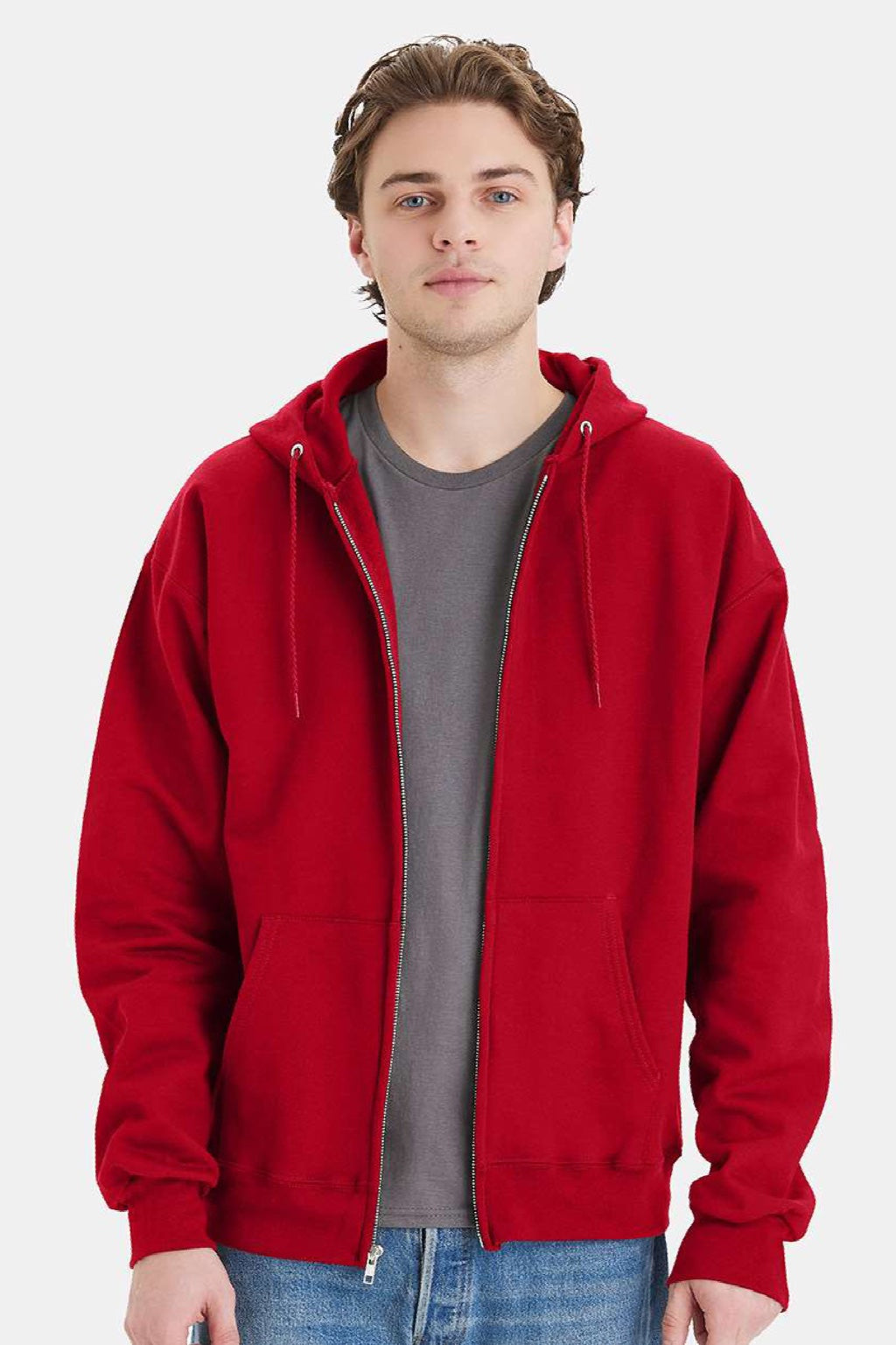 Hanes F280 Mens Ultimate Cotton PrintPro XP Pill Resistant Full Zip Hooded Sweatshirt Hoodie w/ Pockets Deep Red Model Front