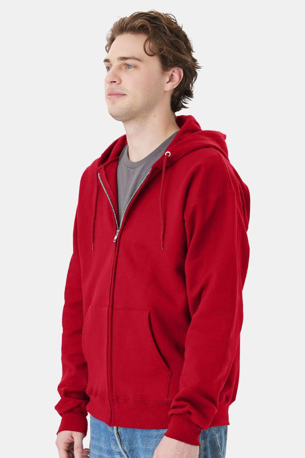 Hanes F280 Mens Ultimate Cotton PrintPro XP Pill Resistant Full Zip Hooded Sweatshirt Hoodie w/ Pockets Deep Red Model Side