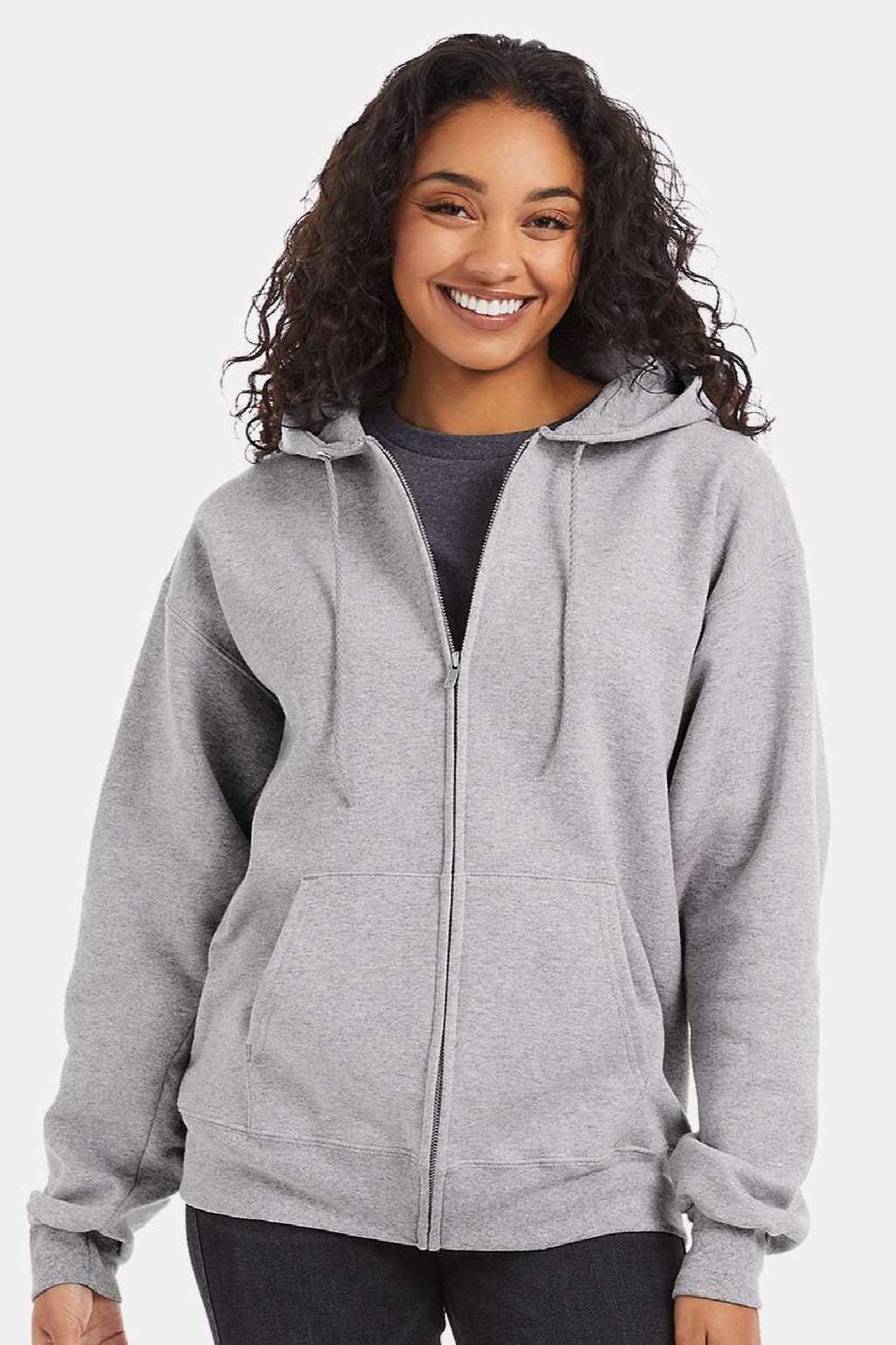 Hanes F280 Mens Ultimate Cotton PrintPro XP Pill Resistant Full Zip Hooded Sweatshirt Hoodie w/ Pockets Light Steel Grey Model Front