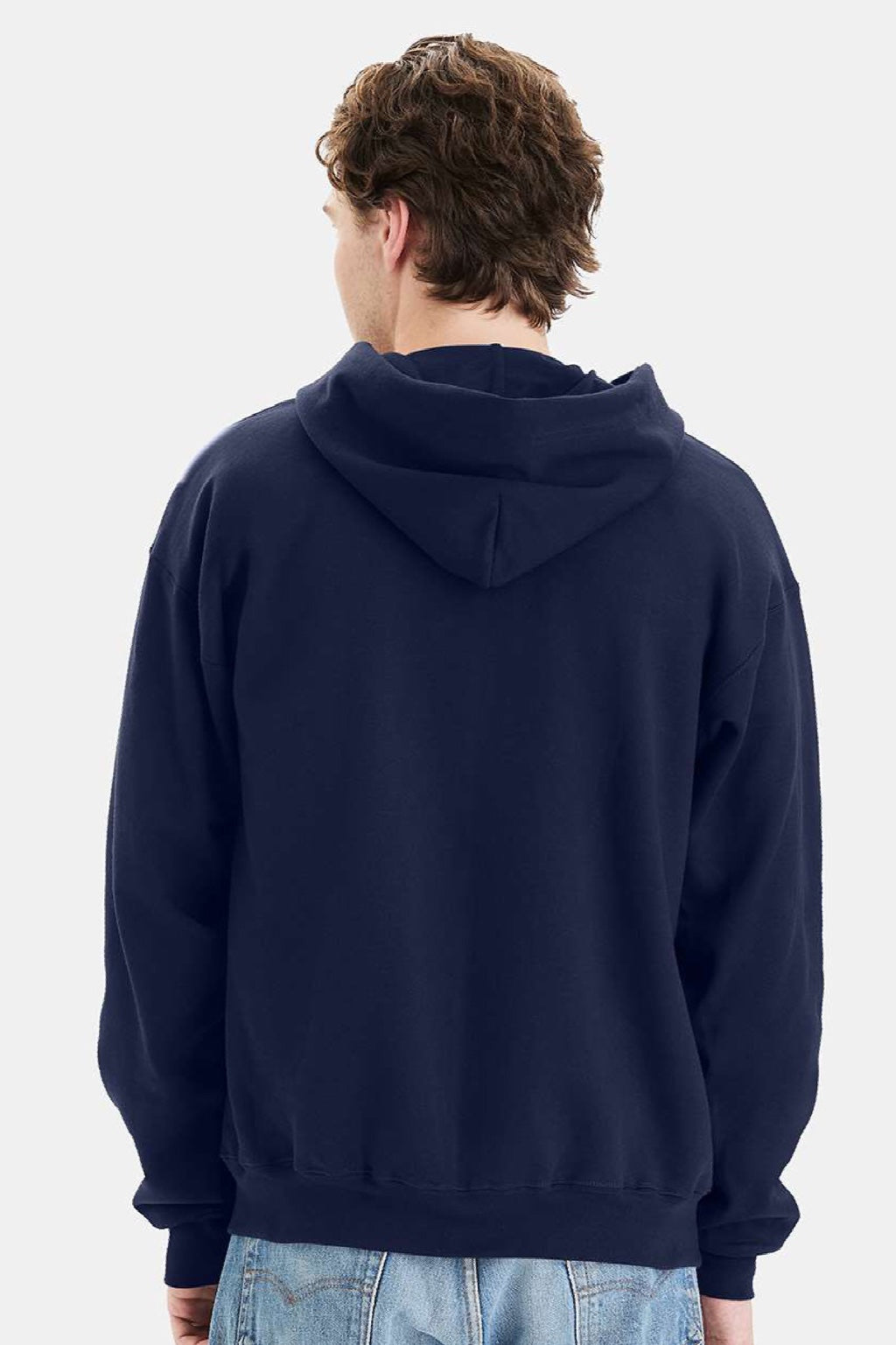 Hanes F280 Mens Ultimate Cotton PrintPro XP Pill Resistant Full Zip Hooded Sweatshirt Hoodie w/ Pockets Navy Blue Model Back