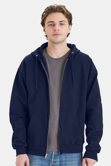 Hanes F280 Mens Ultimate Cotton PrintPro XP Pill Resistant Full Zip Hooded Sweatshirt Hoodie w/ Pockets Navy Blue Model Front
