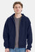 Hanes F280 Mens Ultimate Cotton PrintPro XP Pill Resistant Full Zip Hooded Sweatshirt Hoodie w/ Pockets Navy Blue Model Front