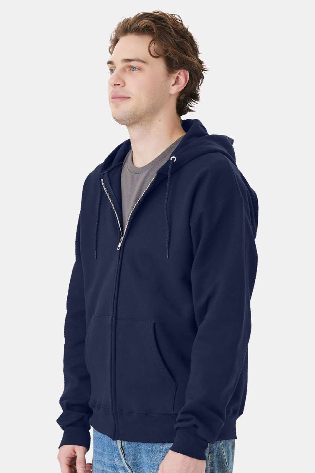 Hanes F280 Mens Ultimate Cotton PrintPro XP Pill Resistant Full Zip Hooded Sweatshirt Hoodie w/ Pockets Navy Blue Model Side