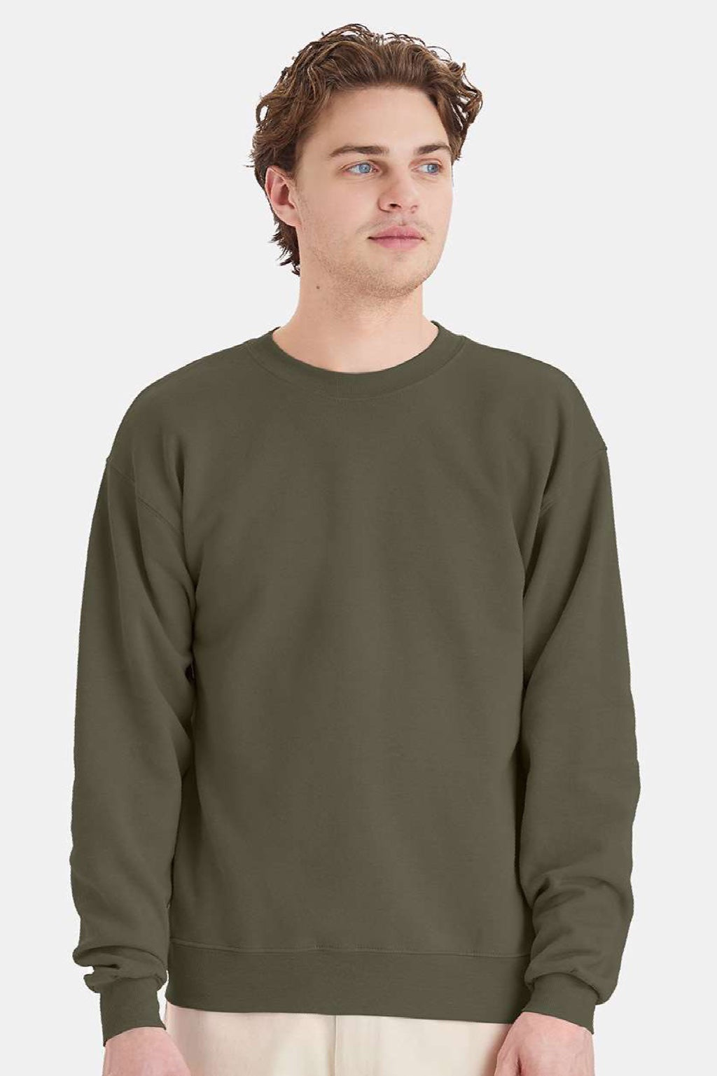 Hanes P160 Mens EcoSmart Print Pro XP Pill Resistant Fleece Crewneck Sweatshirt Fatigue Green Model Front