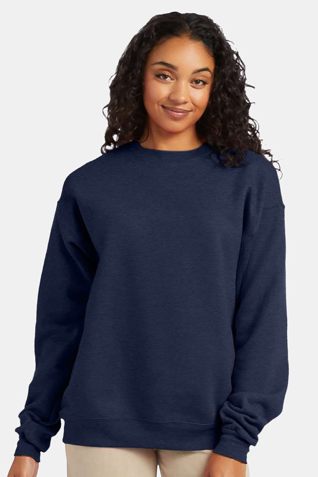 Hanes P160 Mens EcoSmart Print Pro XP Pill Resistant Fleece Crewneck Sweatshirt Heather Navy Blue Model Front