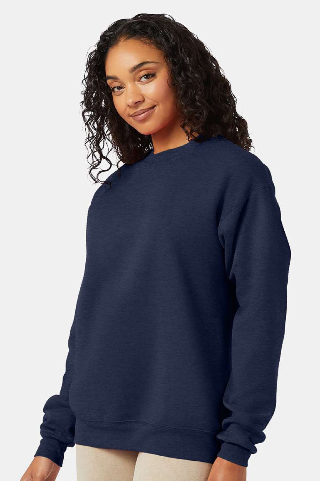 Hanes P160 Mens EcoSmart Print Pro XP Pill Resistant Fleece Crewneck Sweatshirt Heather Navy Blue Model Side