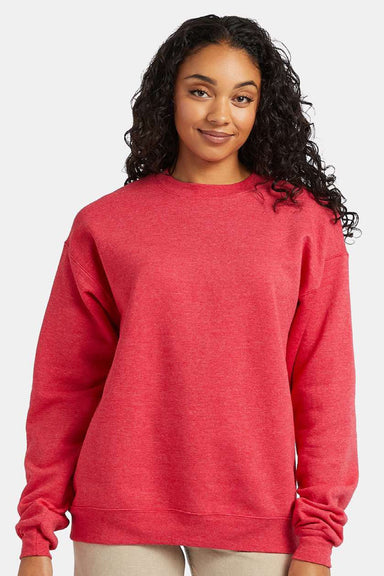 Hanes P160 Mens EcoSmart Print Pro XP Pill Resistant Fleece Crewneck Sweatshirt Heather Red Model Front
