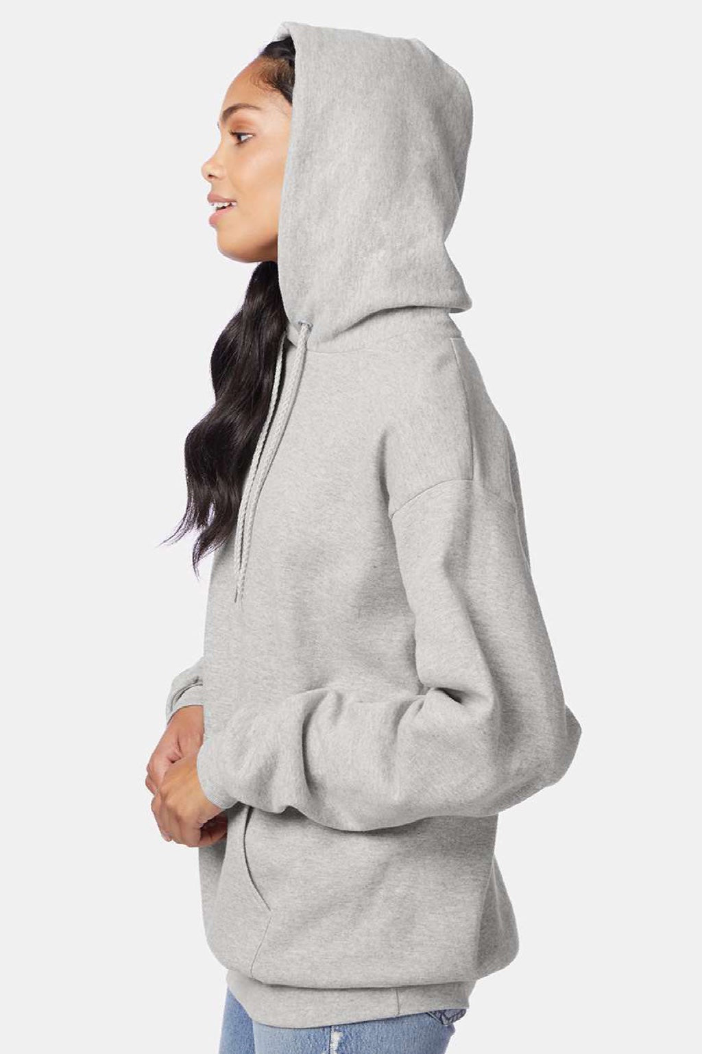 Hanes P170 Mens EcoSmart Print Pro XP Pill Resistant Hooded Sweatshirt Hoodie w/ Pouch Pocket Ash Grey Model Side