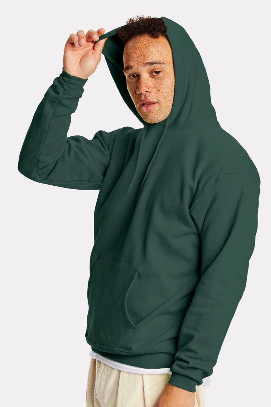 Hanes P170 Mens EcoSmart Print Pro XP Pill Resistant Hooded Sweatshirt Hoodie w/ Pouch Pocket Athletic Dark Green Model Side