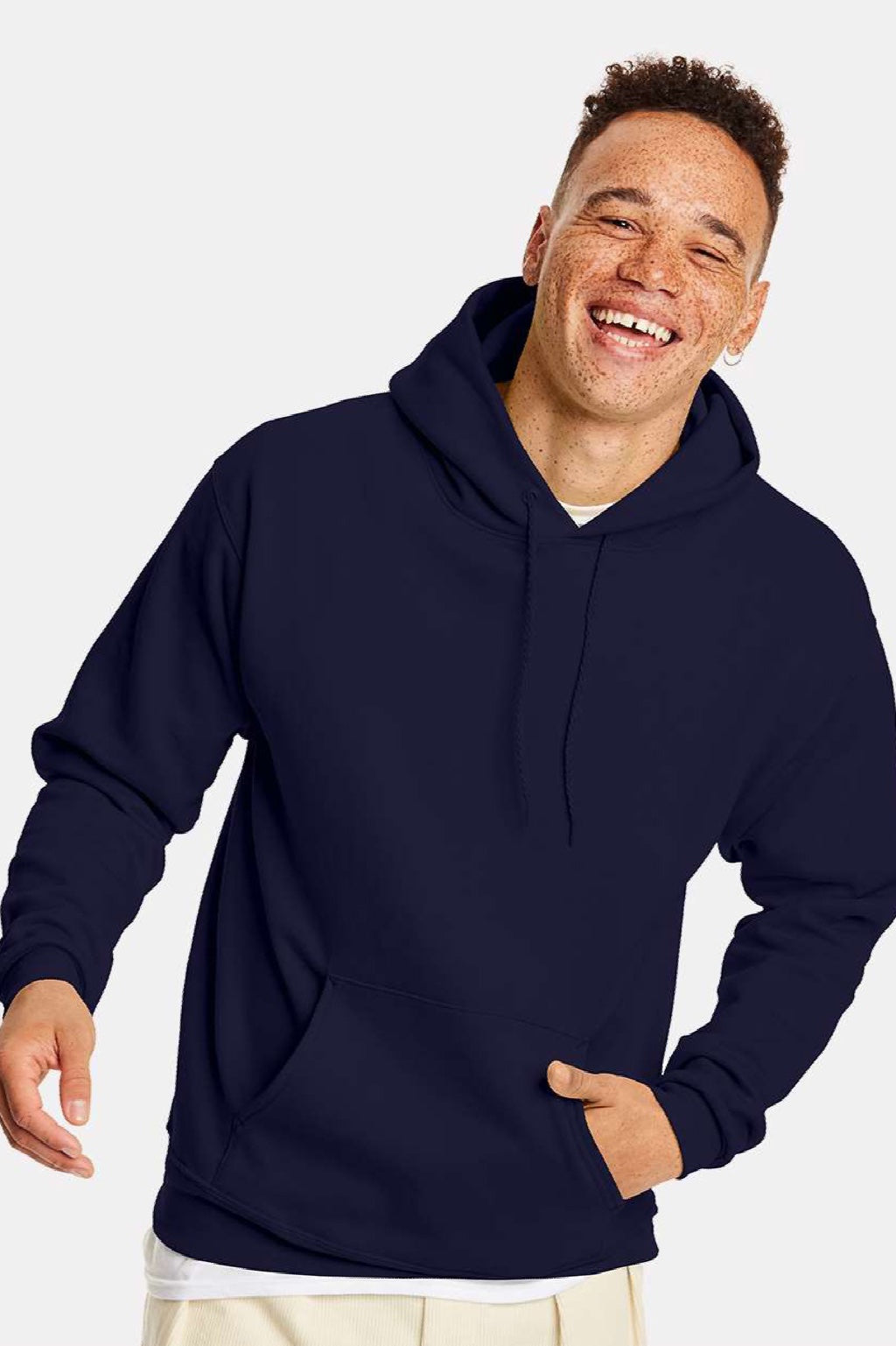 Hanes P170 Mens EcoSmart Print Pro XP Pill Resistant Hooded Sweatshirt Hoodie w/ Pouch Pocket Athletic Navy Blue Model Front
