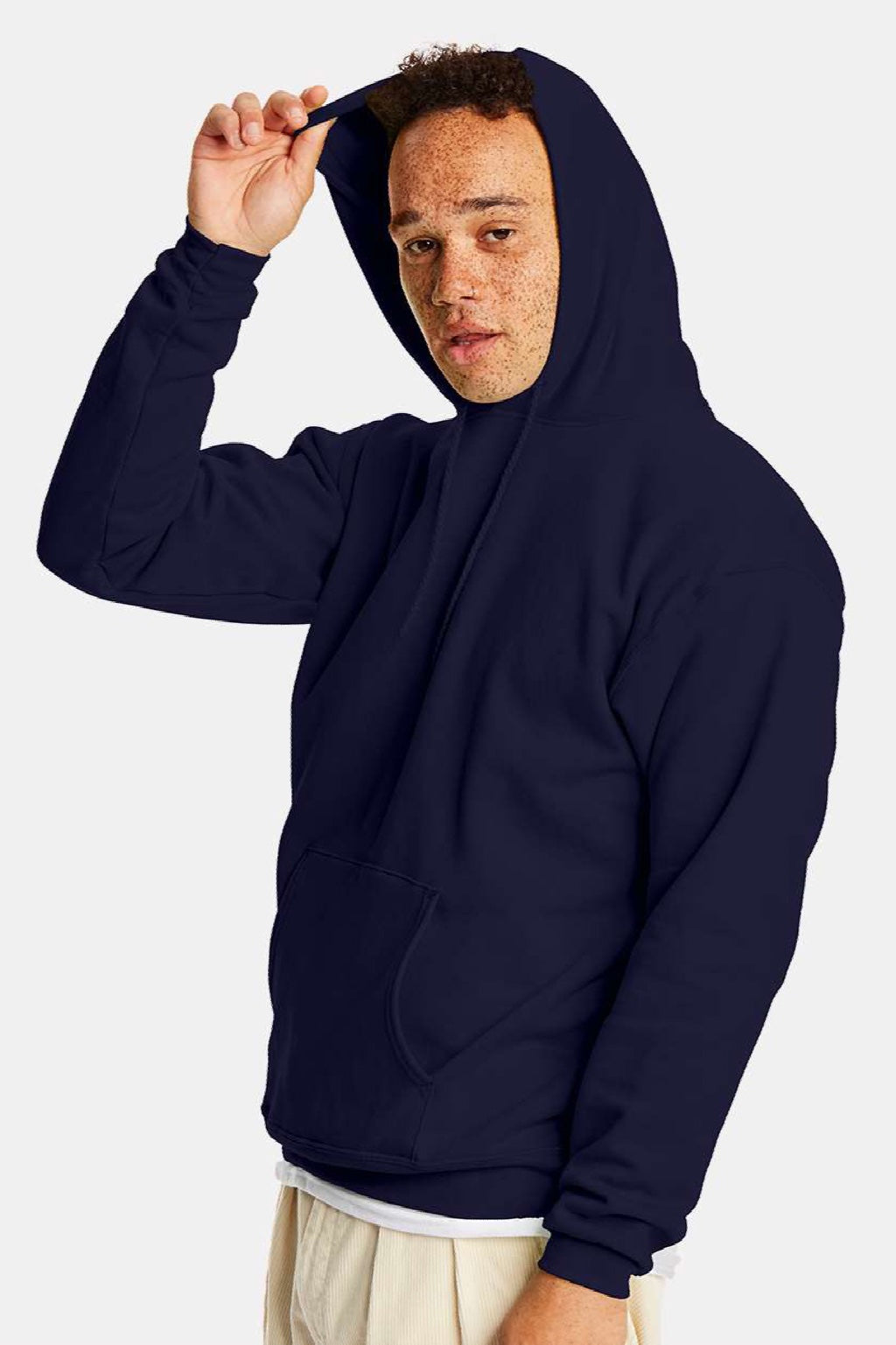 Hanes P170 Mens EcoSmart Print Pro XP Pill Resistant Hooded Sweatshirt Hoodie w/ Pouch Pocket Athletic Navy Blue Model Side