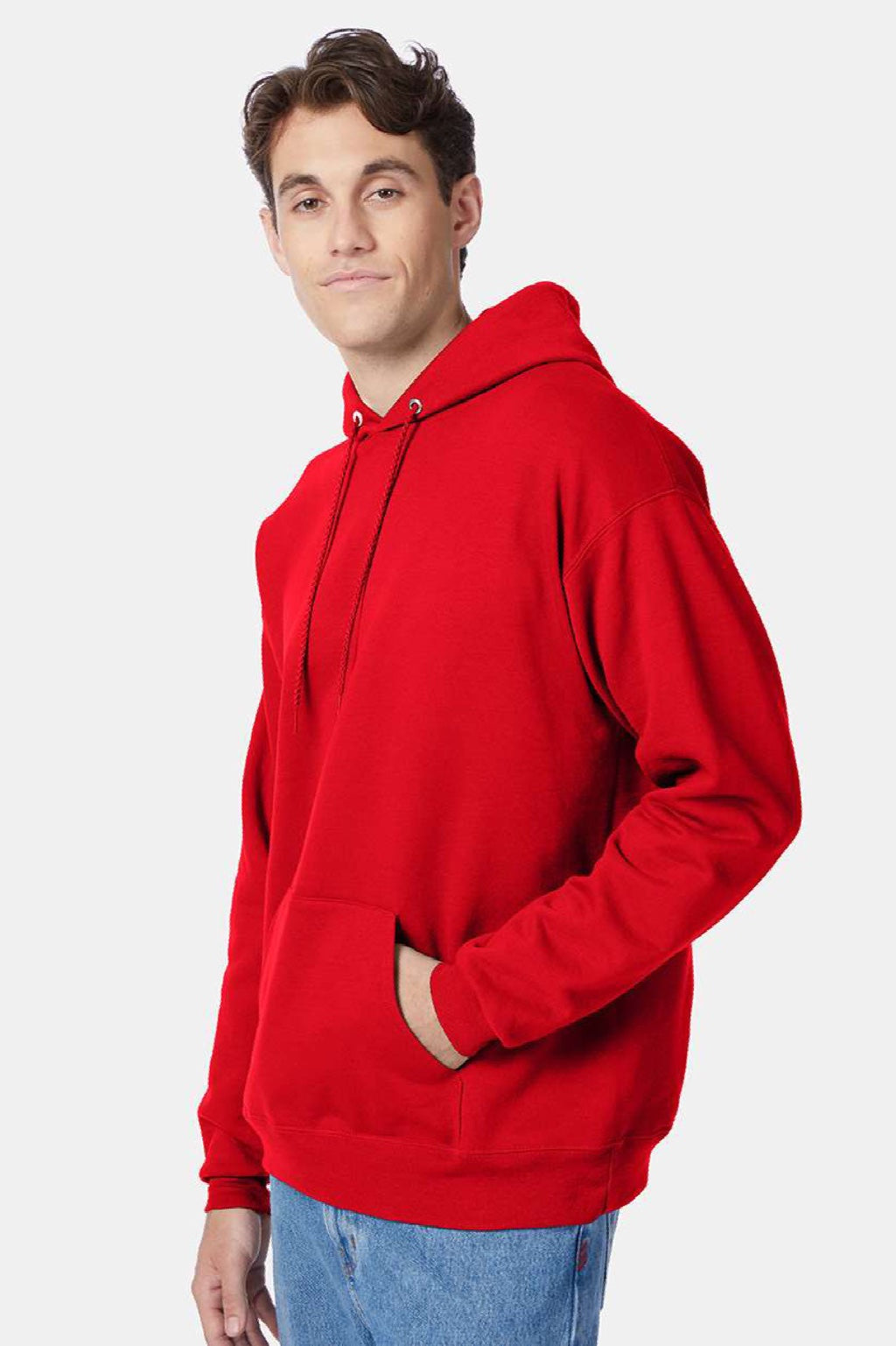Hanes P170 Mens EcoSmart Print Pro XP Pill Resistant Hooded Sweatshirt Hoodie w/ Pouch Pocket Athletic Red Model Side