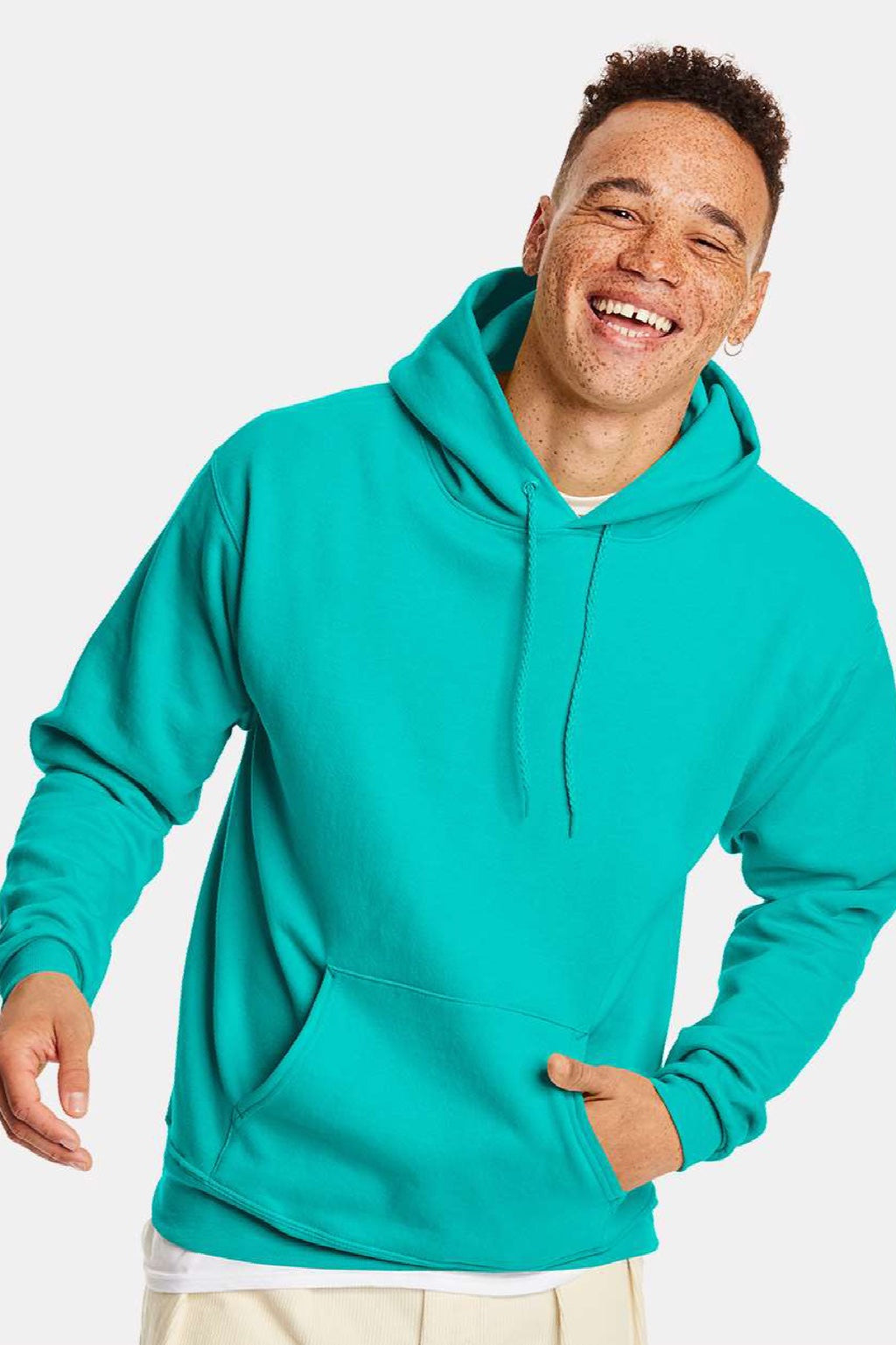 Hanes P170 Mens EcoSmart Print Pro XP Pill Resistant Hooded Sweatshirt Hoodie w/ Pouch Pocket Athletic Teal Green Model Front