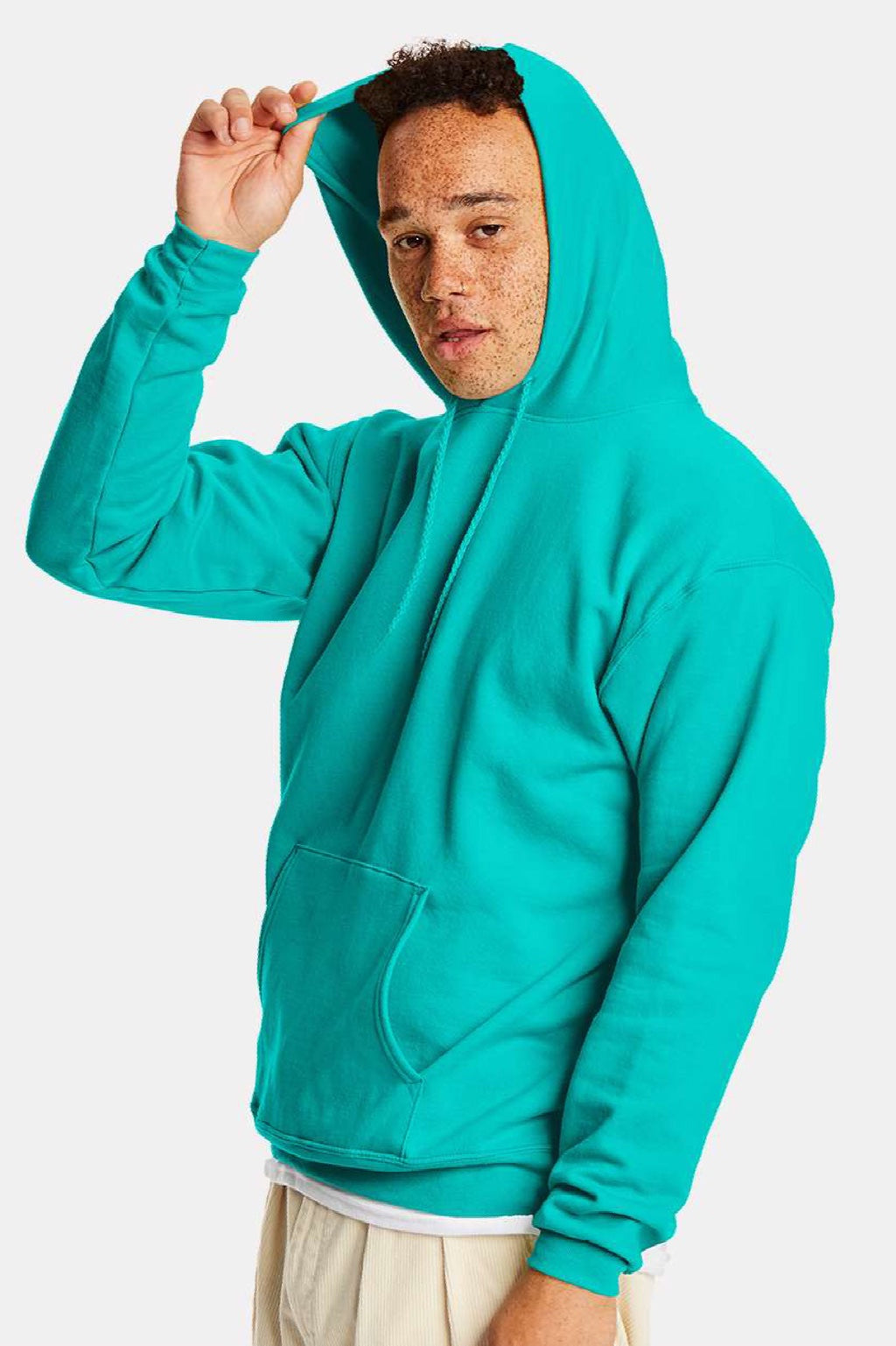 Hanes P170 Mens EcoSmart Print Pro XP Pill Resistant Hooded Sweatshirt Hoodie w/ Pouch Pocket Athletic Teal Green Model Side