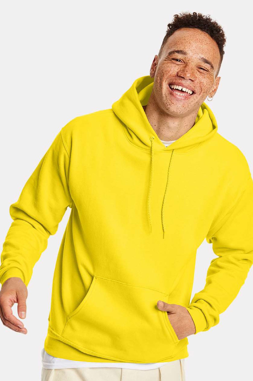 Hanes P170 Mens EcoSmart Print Pro XP Pill Resistant Hooded Sweatshirt Hoodie w/ Pouch Pocket Athletic Yellow Model Front