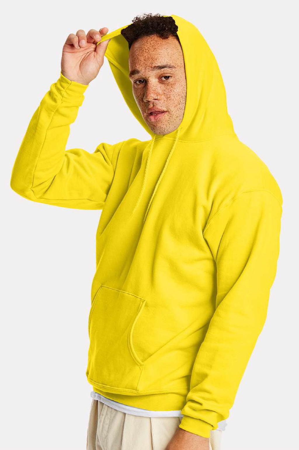 Hanes P170 Mens EcoSmart Print Pro XP Pill Resistant Hooded Sweatshirt Hoodie w/ Pouch Pocket Athletic Yellow Model Side