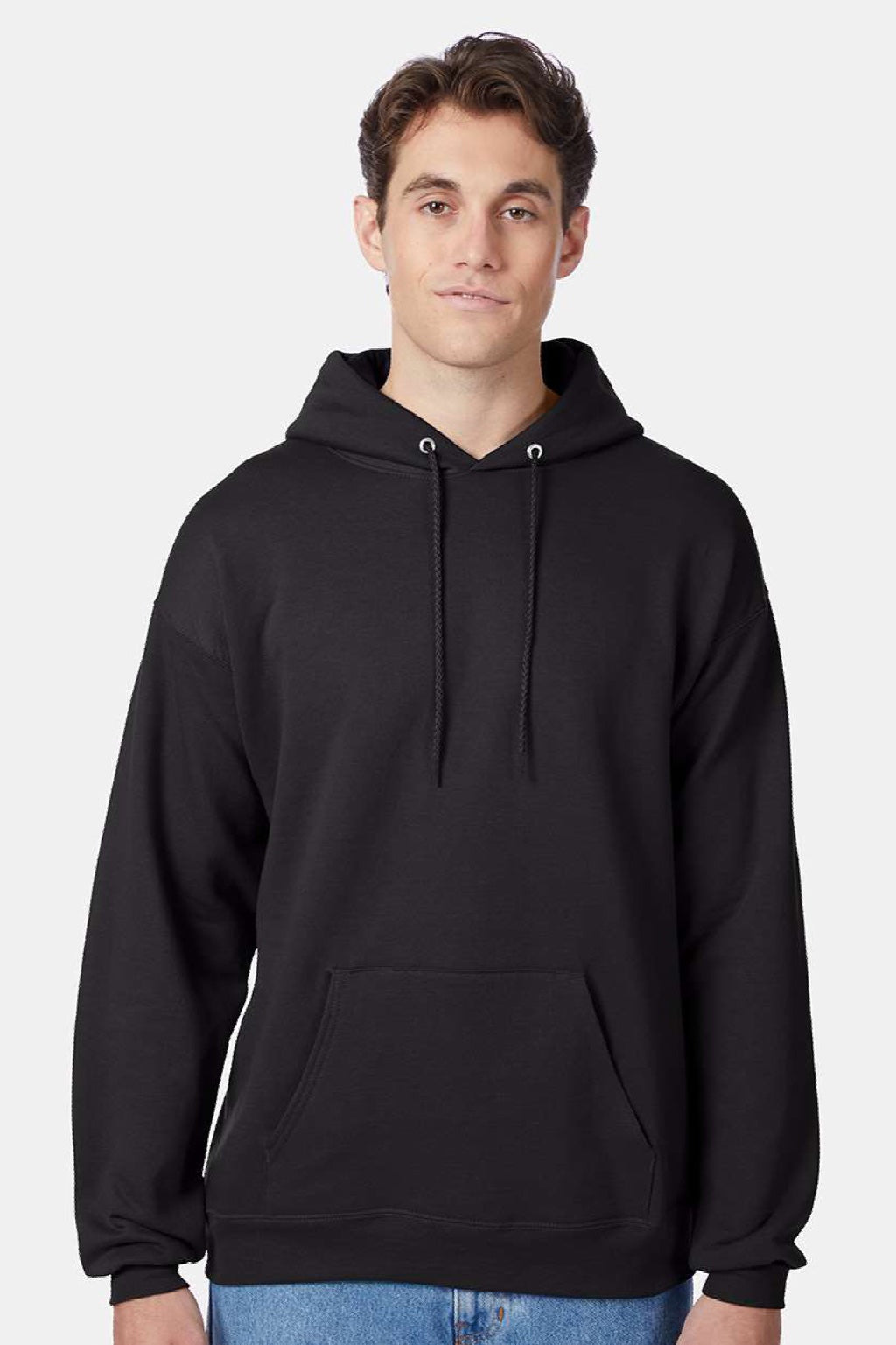 Hanes P170 Mens EcoSmart Print Pro XP Pill Resistant Hooded Sweatshirt Hoodie w/ Pouch Pocket Black Model Front