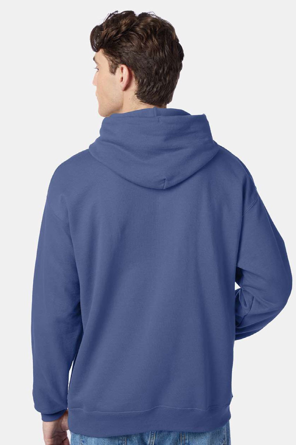 Hanes P170 Mens EcoSmart Print Pro XP Pill Resistant Hooded Sweatshirt Hoodie w/ Pouch Pocket Denim Blue Model Back