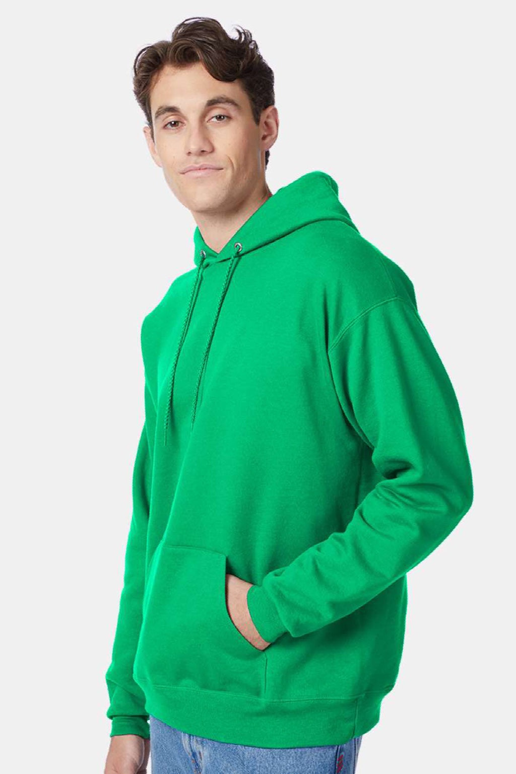 Hanes P170 Mens EcoSmart Print Pro XP Pill Resistant Hooded Sweatshirt Hoodie w/ Pouch Pocket Kelly Green Model Side