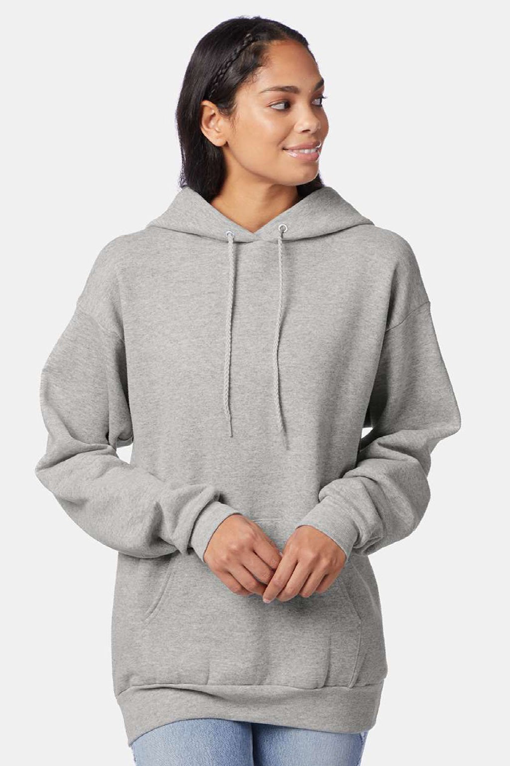 Hanes P170 Mens EcoSmart Print Pro XP Pill Resistant Hooded Sweatshirt Hoodie w/ Pouch Pocket Light Steel Grey Model Front