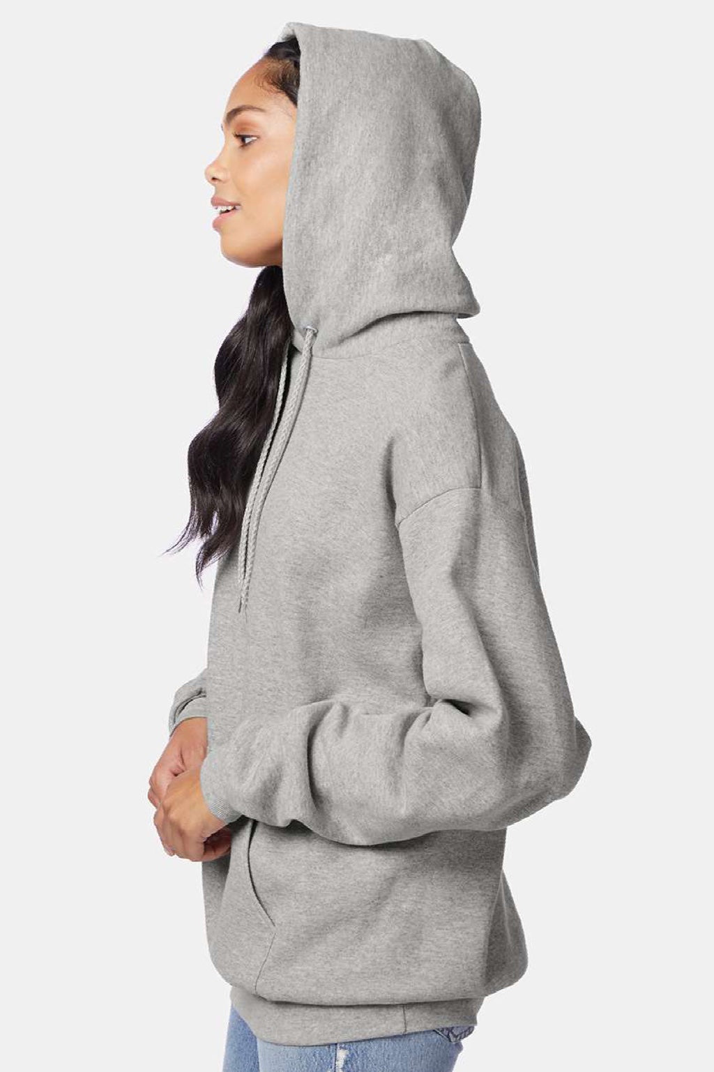 Hanes P170 Mens EcoSmart Print Pro XP Pill Resistant Hooded Sweatshirt Hoodie w/ Pouch Pocket Light Steel Grey Model Side