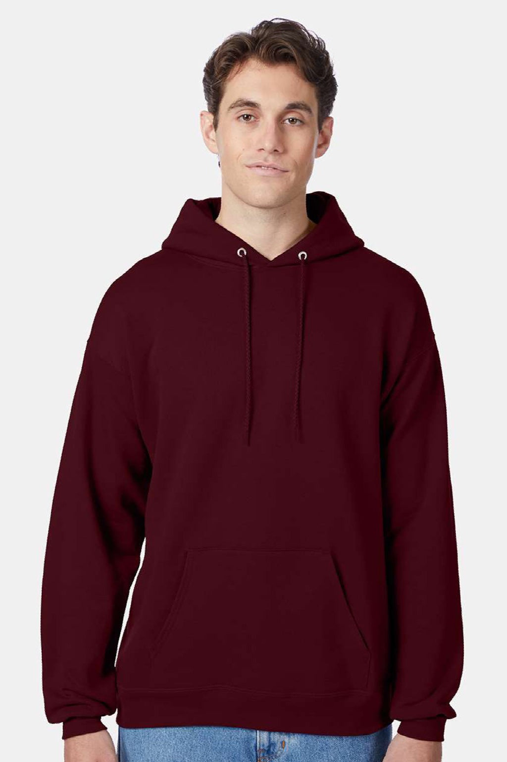 Hanes P170 Mens EcoSmart Print Pro XP Pill Resistant Hooded Sweatshirt Hoodie w/ Pouch Pocket Maroon Model Front