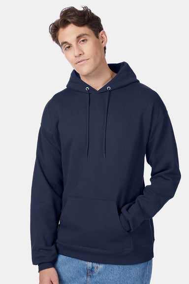 Hanes P170 Mens EcoSmart Print Pro XP Pill Resistant Hooded Sweatshirt Hoodie w/ Pouch Pocket Navy Blue Model Front