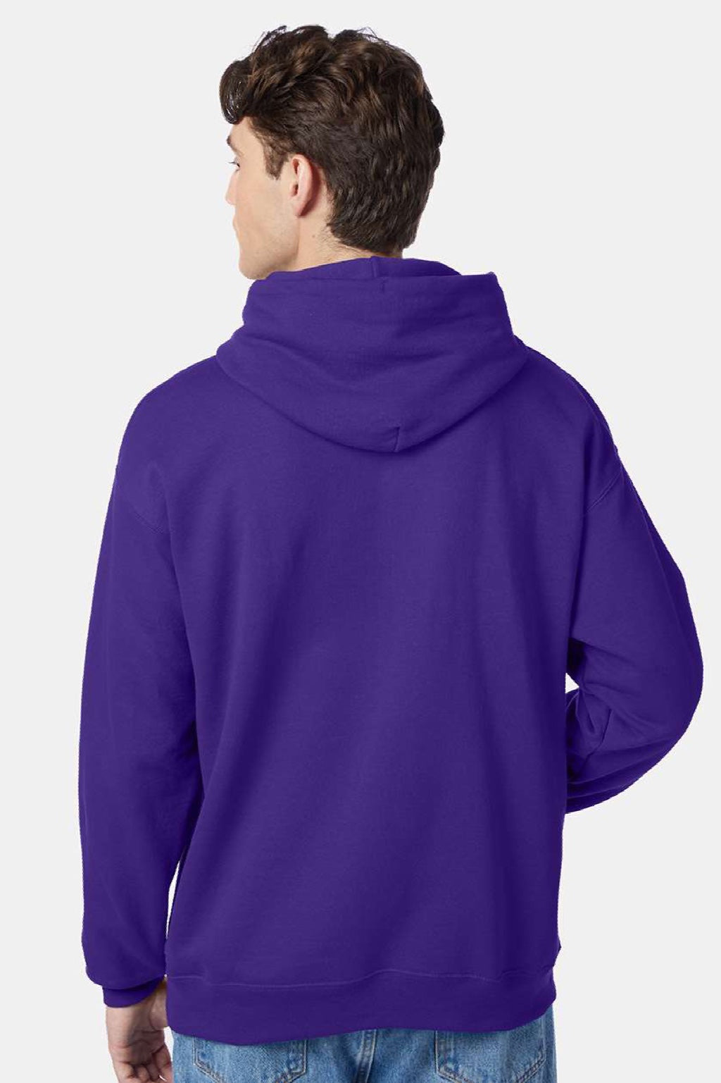 Hanes P170 Mens EcoSmart Print Pro XP Pill Resistant Hooded Sweatshirt Hoodie w/ Pouch Pocket Purple Model Back