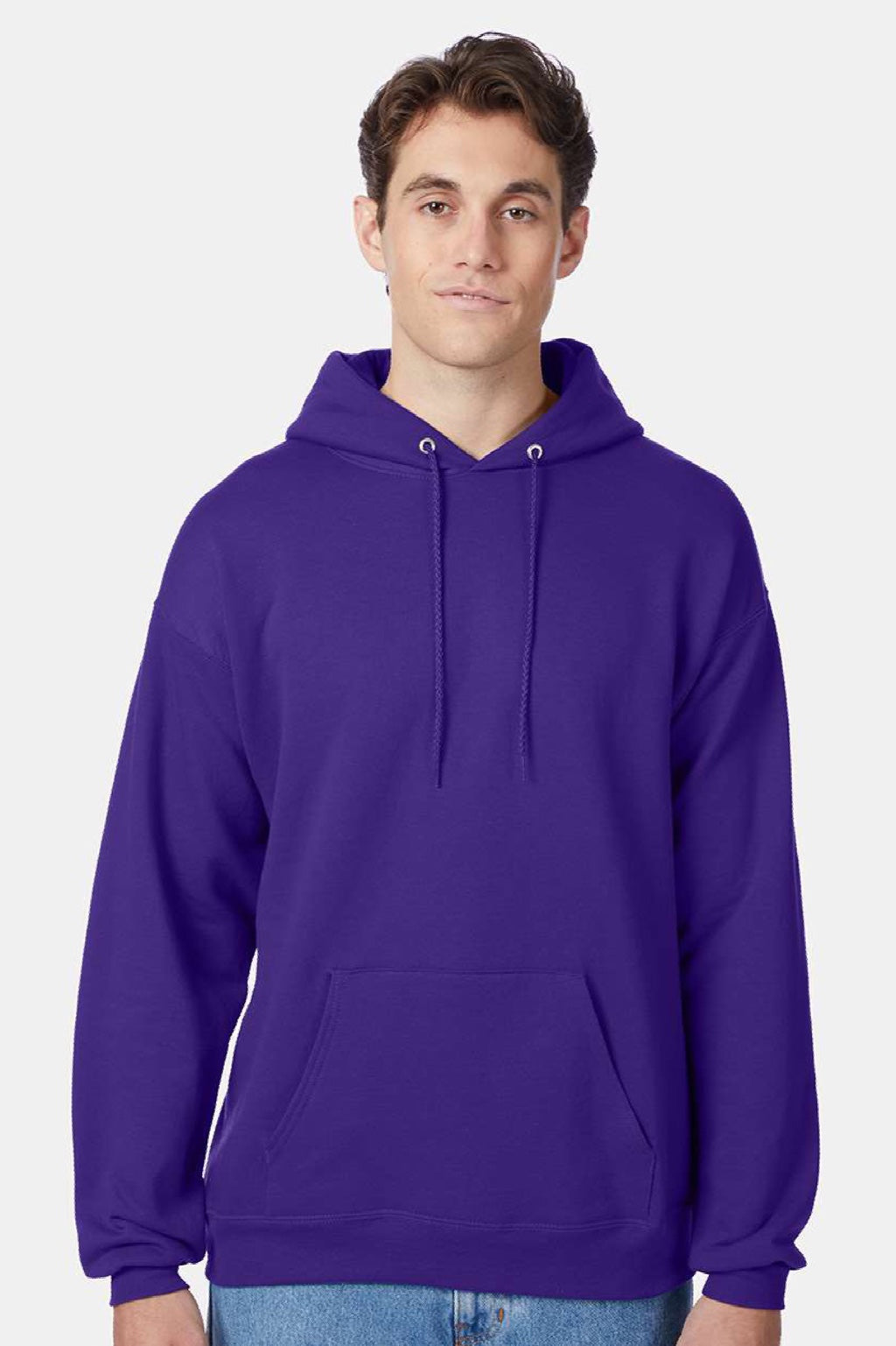 Hanes P170 Mens EcoSmart Print Pro XP Pill Resistant Hooded Sweatshirt Hoodie w/ Pouch Pocket Purple Model Front