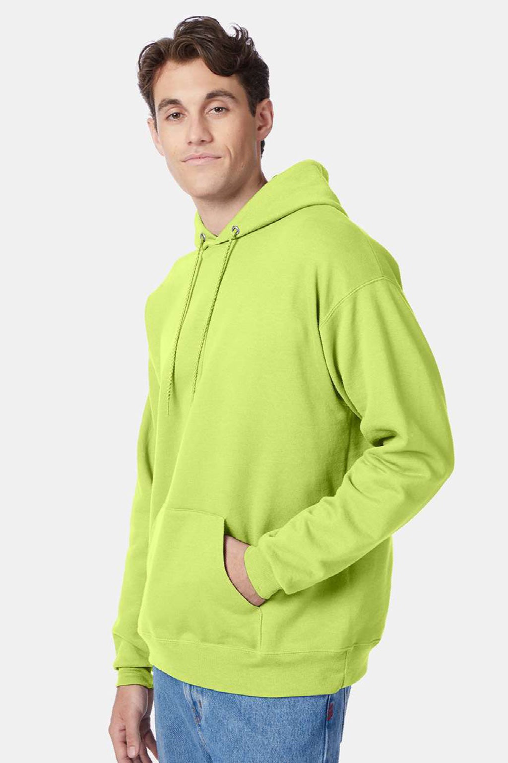 Hanes P170 Mens EcoSmart Print Pro XP Pill Resistant Hooded Sweatshirt Hoodie w/ Pouch Pocket Safety Green Model Side