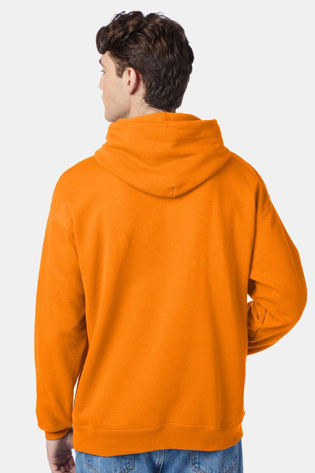 Hanes P170 Mens EcoSmart Print Pro XP Pill Resistant Hooded Sweatshirt Hoodie w/ Pouch Pocket Safety Orange Model Back