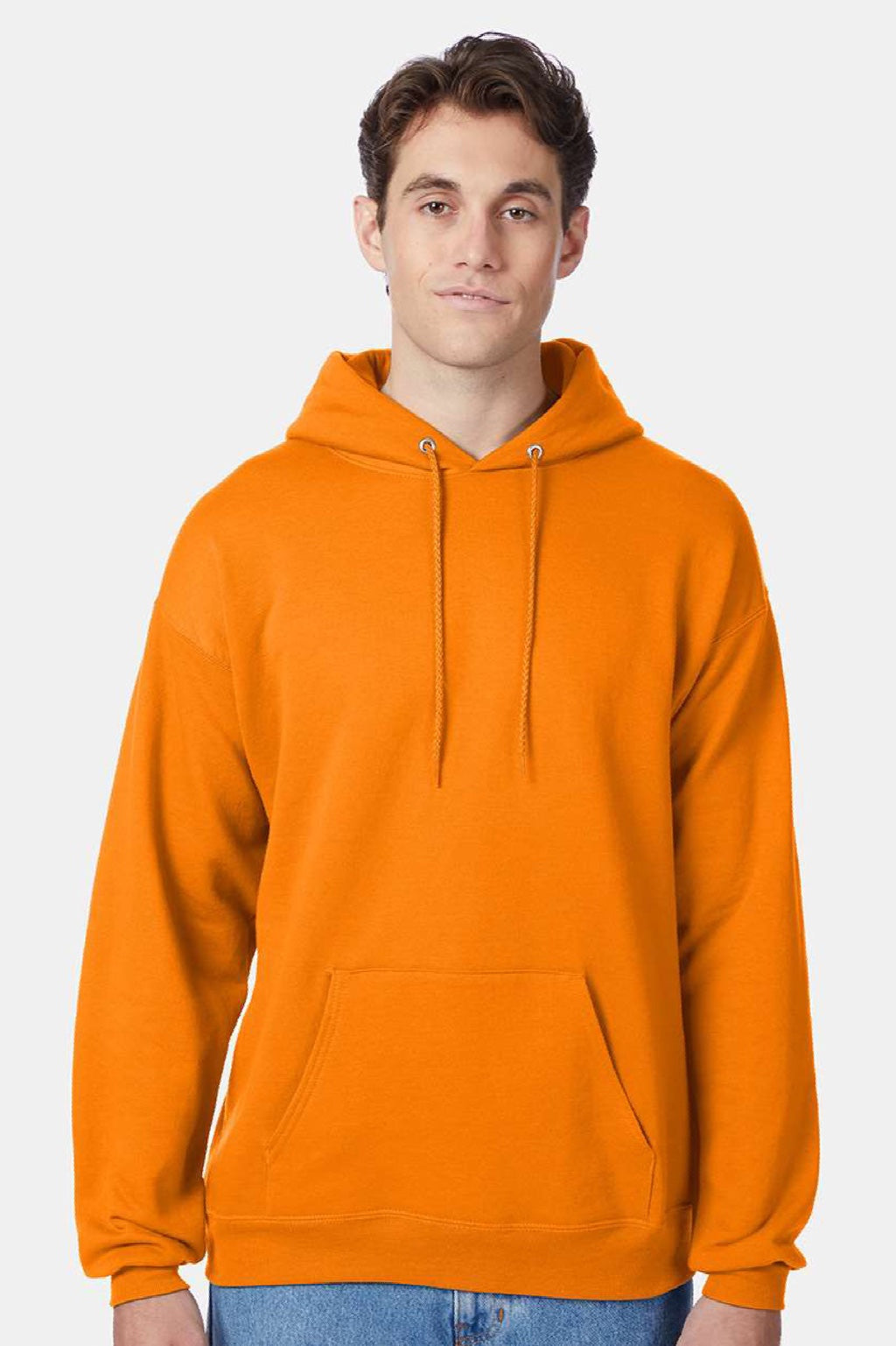 Hanes P170 Mens EcoSmart Print Pro XP Pill Resistant Hooded Sweatshirt Hoodie w/ Pouch Pocket Safety Orange Model Front