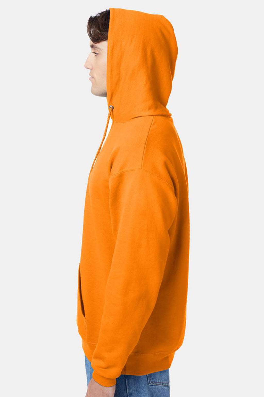 Hanes P170 Mens EcoSmart Print Pro XP Pill Resistant Hooded Sweatshirt Hoodie w/ Pouch Pocket Safety Orange Model Side